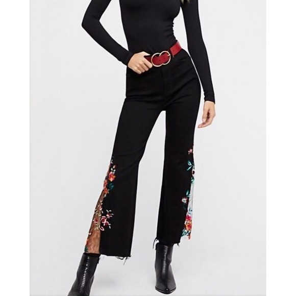 We The Free Denim - New We The Free FP Black Floral Embroidered Lace Flare Jeans Size 25 High Rise